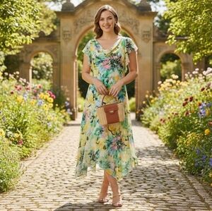 Vintage 90's Asymmetrical Sharkbite Chiffon Floral Midi Dress SZ 10/12